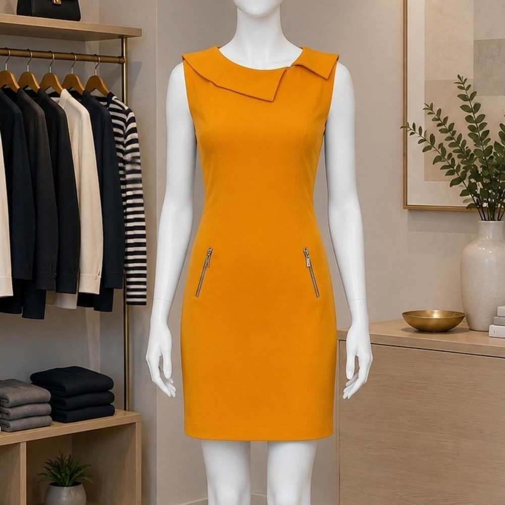 Sabrina Diamanti Women Sheath Dress Orange Asymmetrical Collar Zip Pockets S